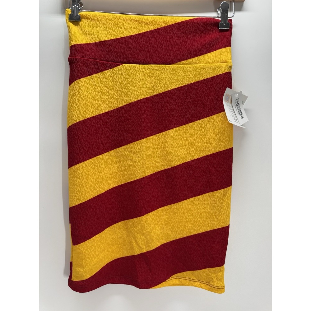 LuLaRoe Cassie Pencil Skirt XS Burgundy Mustard Stripe Colorblock NWT Boho